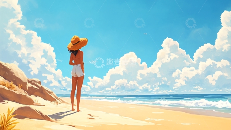 高清大图下载【趣麦麦图】海边少女插画1