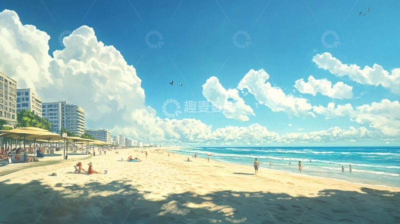 高清大图下载【趣麦麦图】海边插画