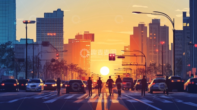 高清大图下载【趣麦麦图】日落街道插画10