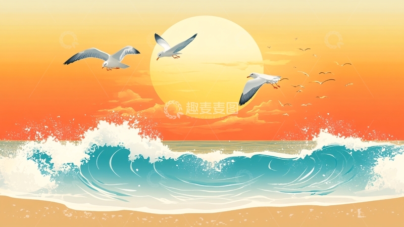 高清大图下载【趣麦麦图】海浪花鸟