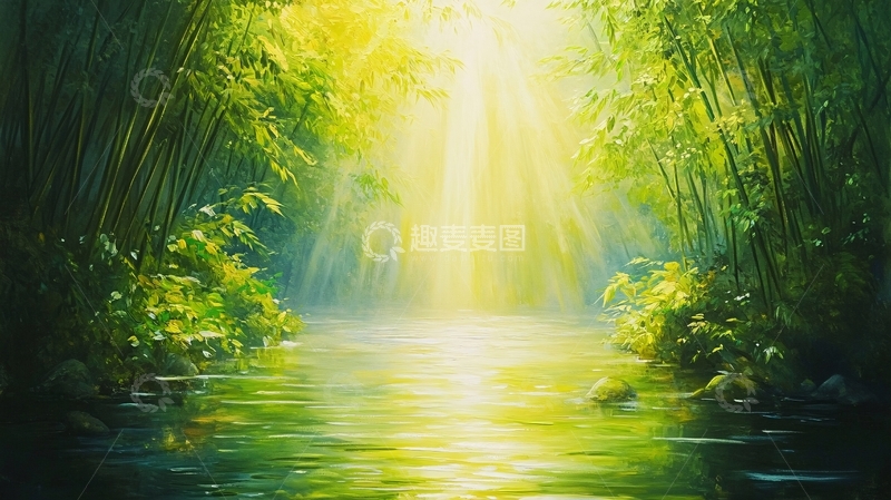 高清大图下载【趣麦麦图】阳光竹林小溪2