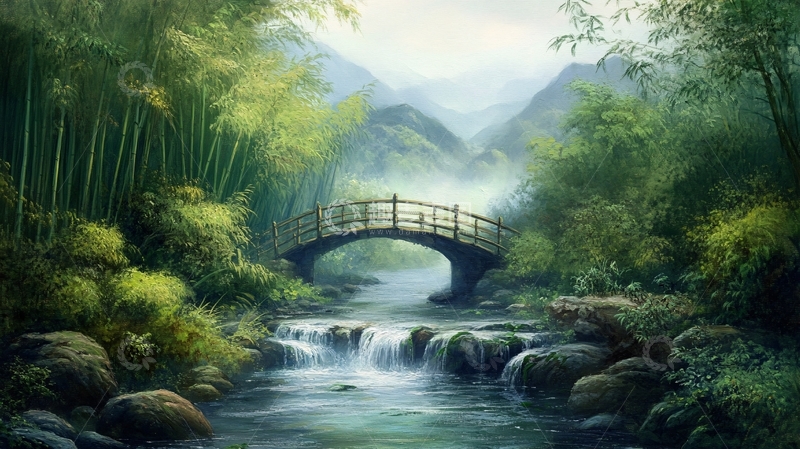 高清大图下载【趣麦麦图】古桥竹林山水3