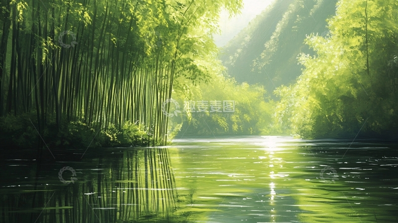 高清大图下载【趣麦麦图】竹林河流山水10