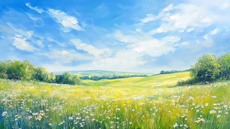 高清大图下载【趣麦麦图】蓝天白云绿草油画3
