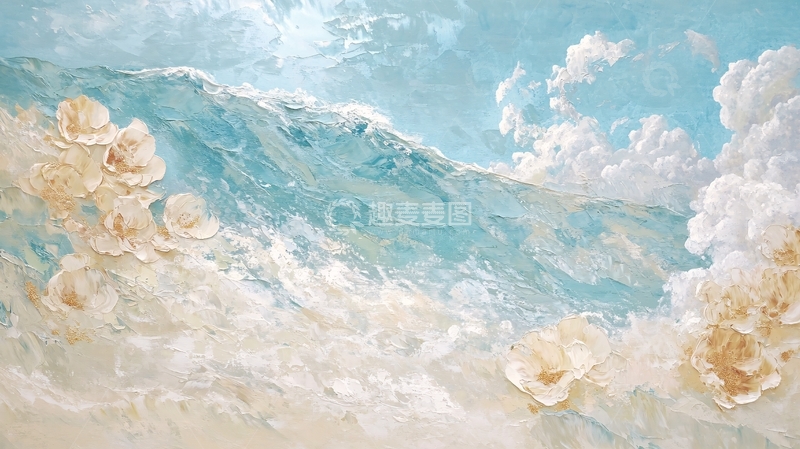 高清大图下载【趣麦麦图】蓝天白云鲜花油画1