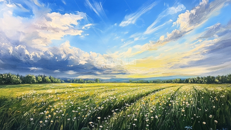 高清大图下载【趣麦麦图】蓝天白云绿草油画4
