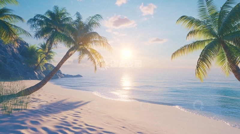 高清大图下载【趣麦麦图】晨光沙滩海天一色