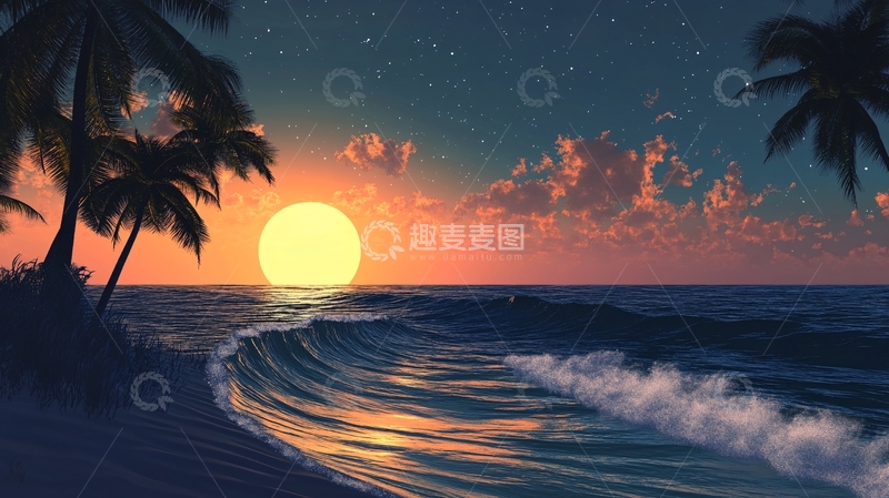 高清大图下载【趣麦麦图】海边落日插画68