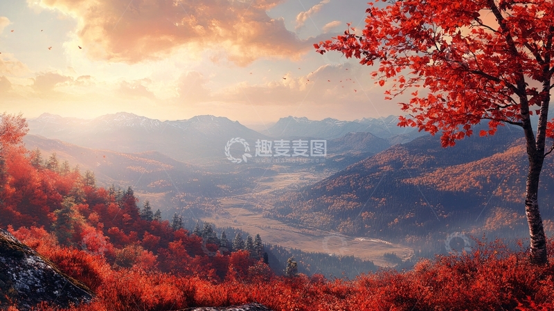 高清大图下载【趣麦麦图】秋山红叶晨光