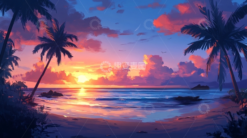 高清大图下载【趣麦麦图】海边落日插画70