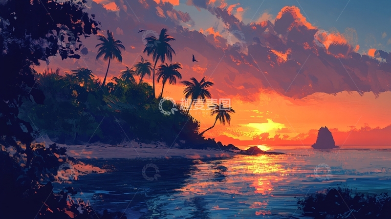 高清大图下载【趣麦麦图】唯美海岸风景插画48