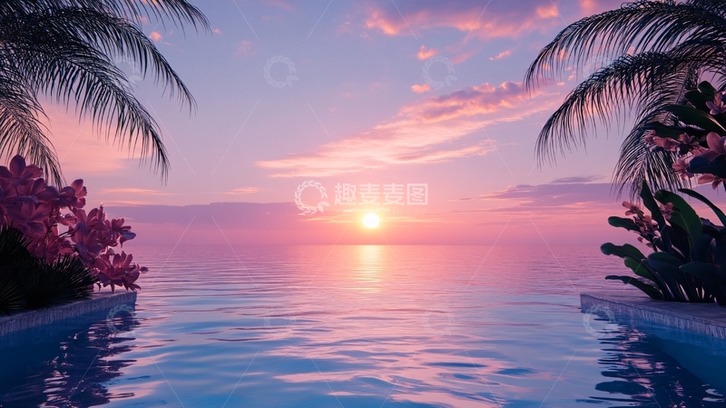 高清大图下载【趣麦麦图】晚霞中游泳池
