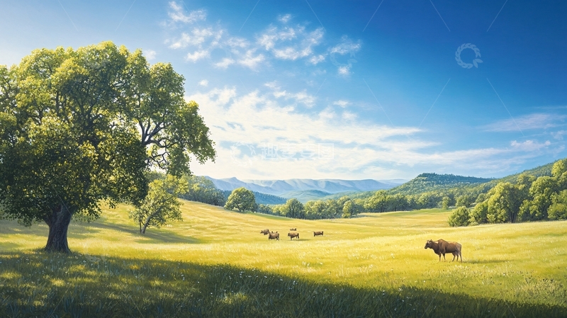 高清大图下载【趣麦麦图】草原上树下的牛2