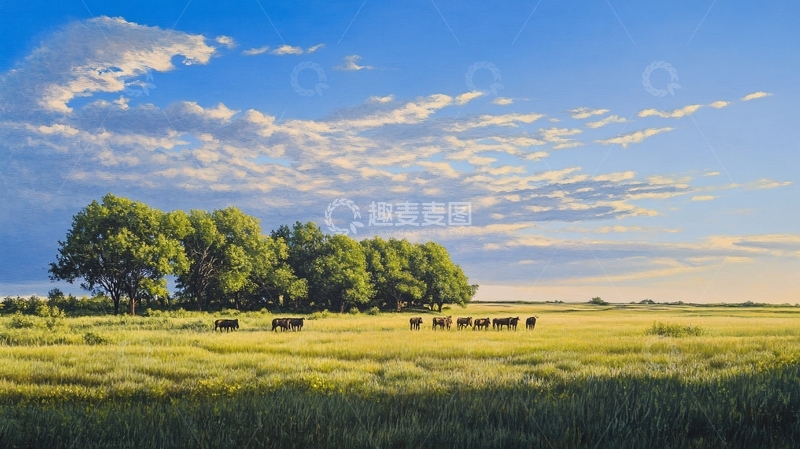高清大图下载【趣麦麦图】夏季草原湿地树木牛群