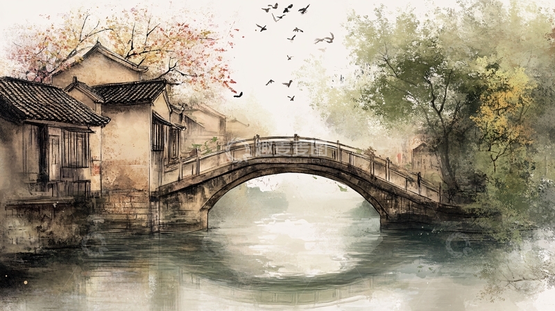 高清大图下载【趣麦麦图】古桥插画1