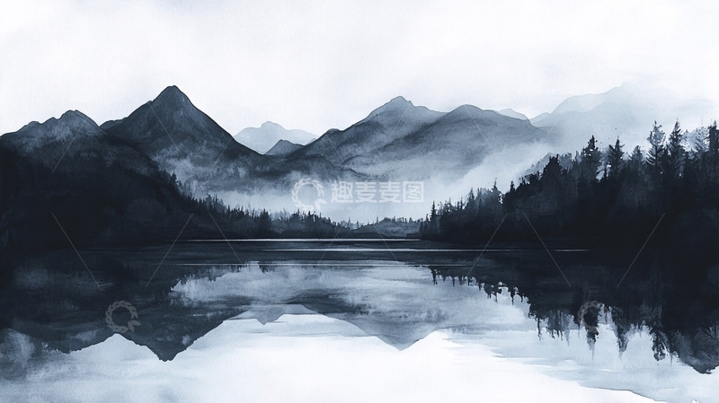高清大图下载【趣麦麦图】烟墨意境山水水彩画3