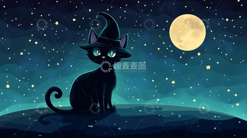 高清大图下载【趣麦麦图】夜晚猫咪插画1
