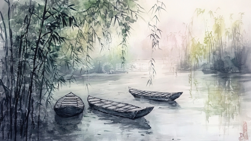 高清大图下载【趣麦麦图】竹筏插画