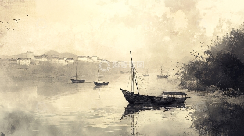 高清大图下载【趣麦麦图】孤舟插画