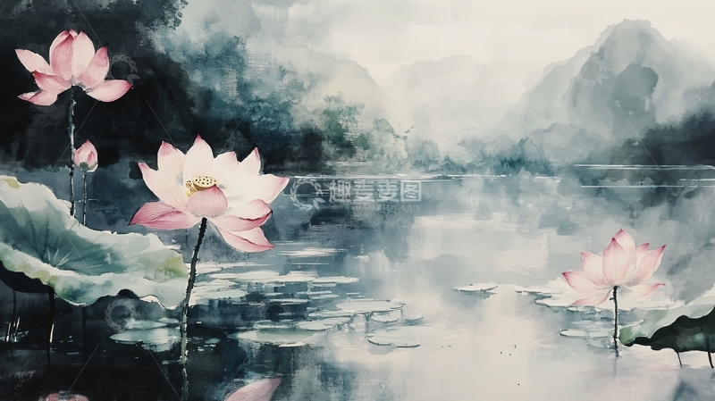 高清大图下载【趣麦麦图】意境风景画水彩荷花7
