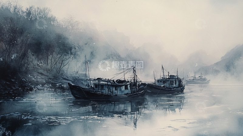 高清大图下载【趣麦麦图】晨雾渔船