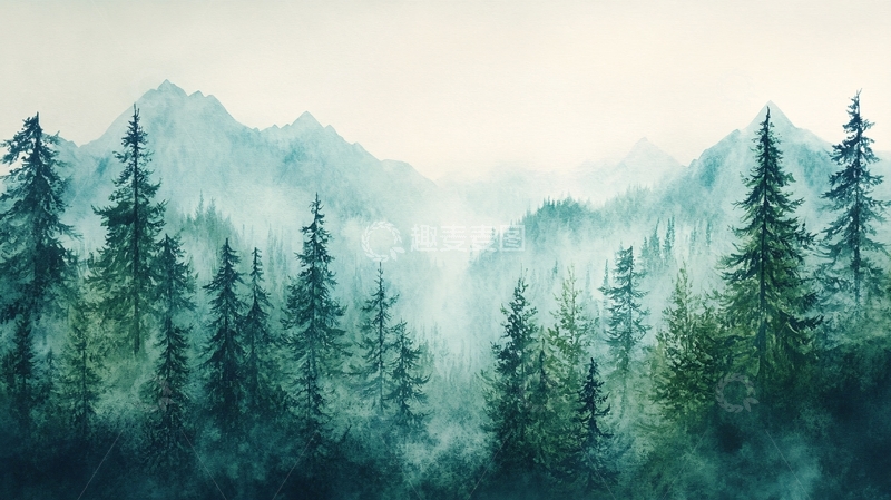 高清大图下载【趣麦麦图】水墨丹青晨雾松林1