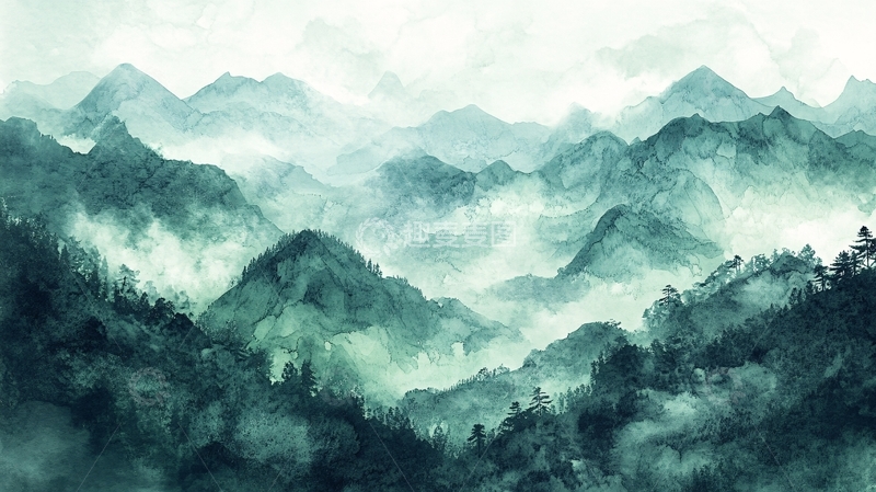高清大图下载【趣麦麦图】绿色水墨山峰背景