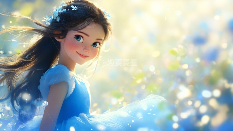 高清大图下载【趣麦麦图】蓝裙长发小姑娘