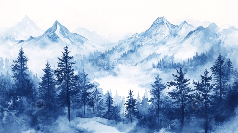 高清大图下载【趣麦麦图】雪山水彩画