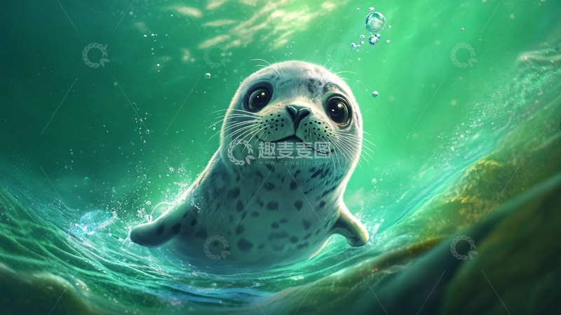 高清大图下载【趣麦麦图】小海豹绿海畅游1