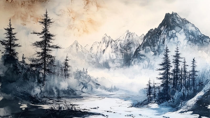 高清大图下载【趣麦麦图】雪山水粉画