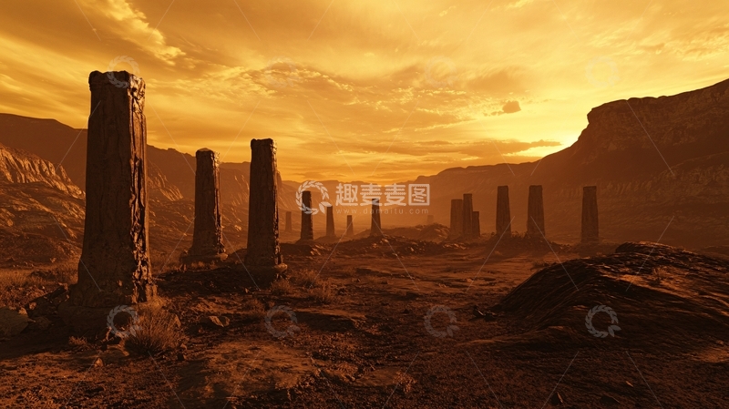 高清大图下载【趣麦麦图】峡谷岩柱夕照远