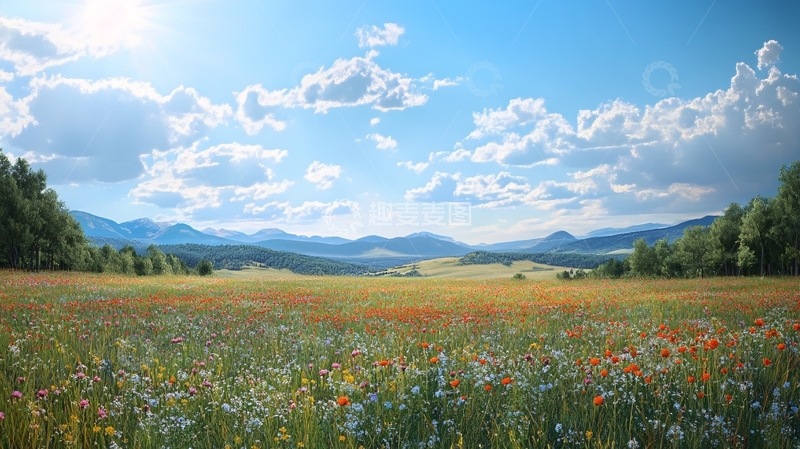 高清大图下载【趣麦麦图】宽幅蓝天花海1