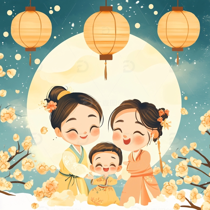 高清大图下载【趣麦麦图】中秋节一家人