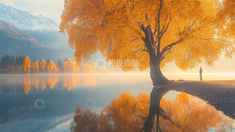 高清大图下载【趣麦麦图】湖边大树秋色