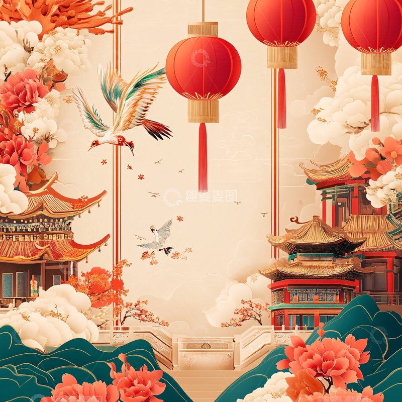 高清大图下载【趣麦麦图】仙鹤楼阁复古瑞鹤图2