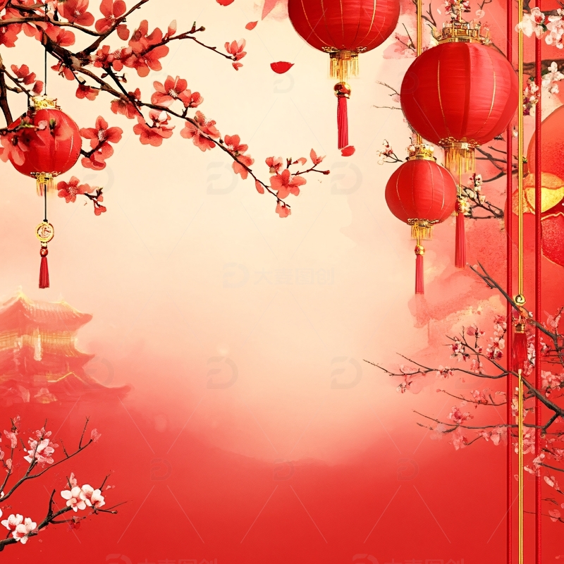 高清大图下载【趣麦麦图】灯笼梅花背景图2