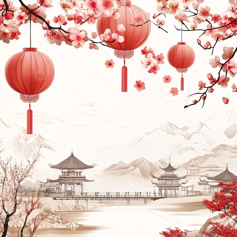 高清大图下载【趣麦麦图】中式梅花阁楼背景2