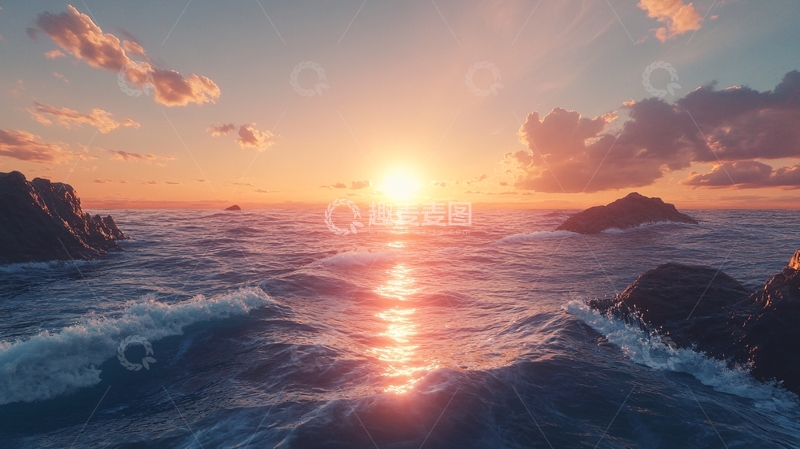 高清大图下载【趣麦麦图】日落海浪远景图