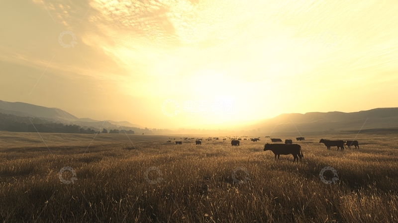 高清大图下载【趣麦麦图】清晨太阳牛群乡村1
