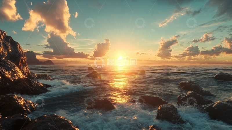 高清大图下载【趣麦麦图】阳光夕阳太阳岩石岸边2