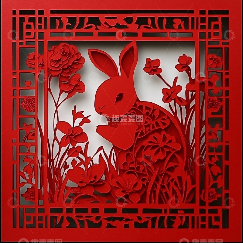 高清大图下载【趣麦麦图】兔年新年素材兔年花窗