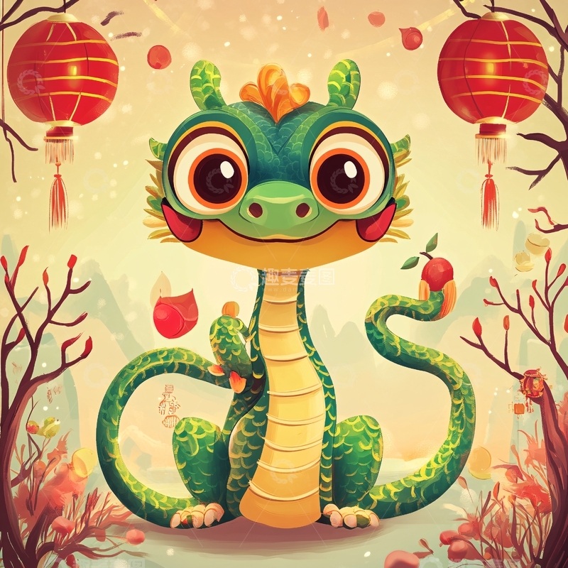 高清大图下载【趣麦麦图】蛇年报春主题春节插画1