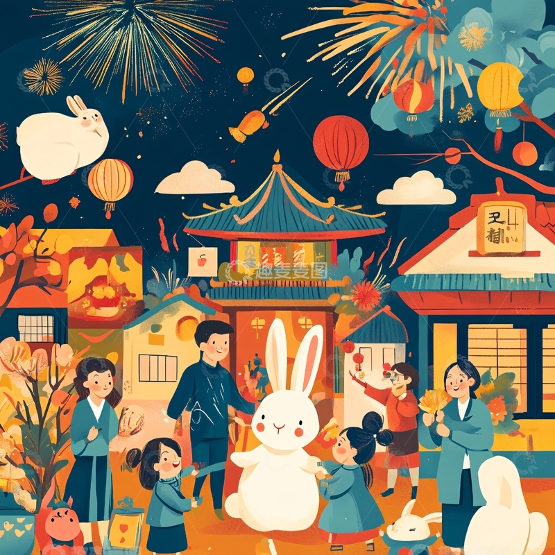 高清大图下载【趣麦麦图】兔年元宵节插画