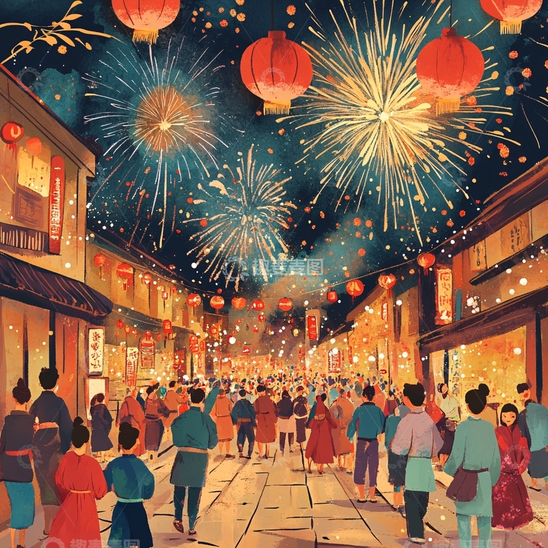 高清大图下载【趣麦麦图】赏烟花插画5