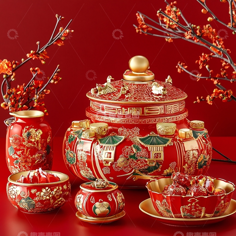 高清大图下载【趣麦麦图】描金万福连连红地罐
