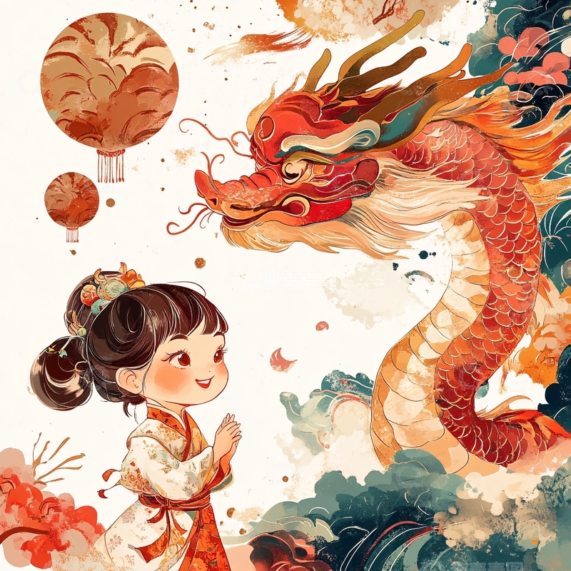 高清大图下载【趣麦麦图】龙年小女孩插画1