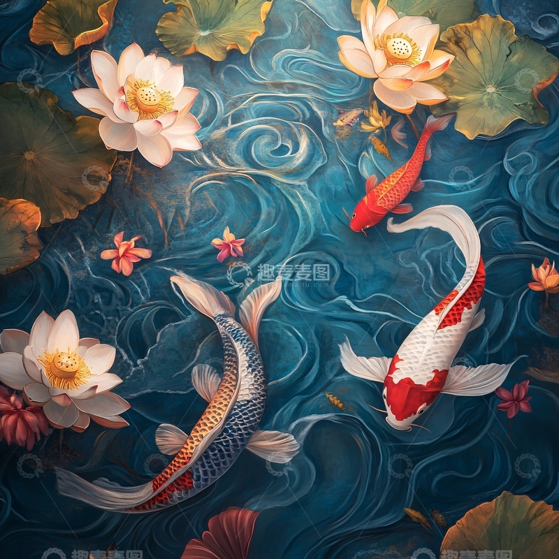 高清大图下载【趣麦麦图】工笔荷花锦鲤2