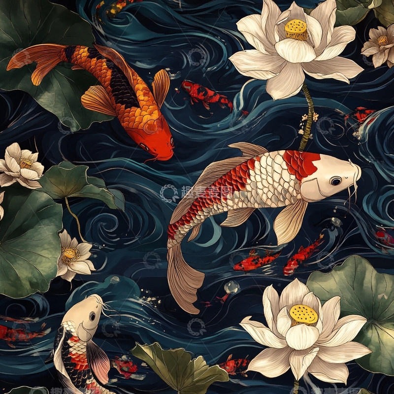 高清大图下载【趣麦麦图】荷花锦鲤插画13