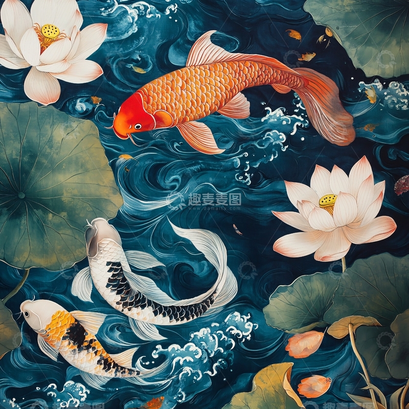 高清大图下载【趣麦麦图】工笔荷花锦鲤1